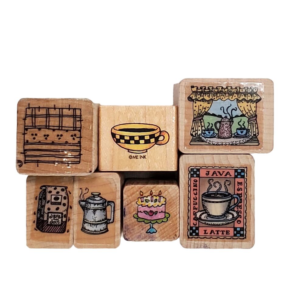 Vtg Junk Drawer Lot of 7 Caffiene Lovers Coffee House Bakery Shop Rubber Stamps